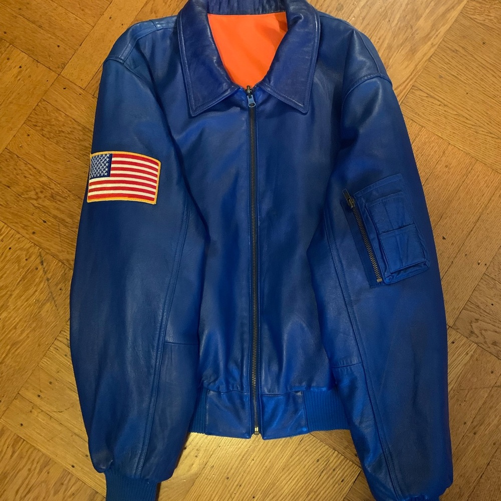 Michael Hoban Mens L Lambskin Leather Jacket. Air Force with U.S.Flag.
